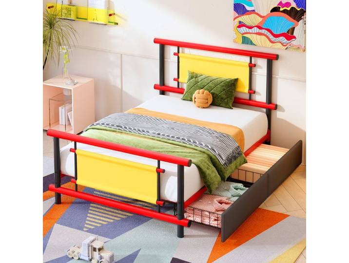 lit 90x200 lit enfant avec tiroirs de rangement métal rouge structure plateforme pour chambre GRJOFEK