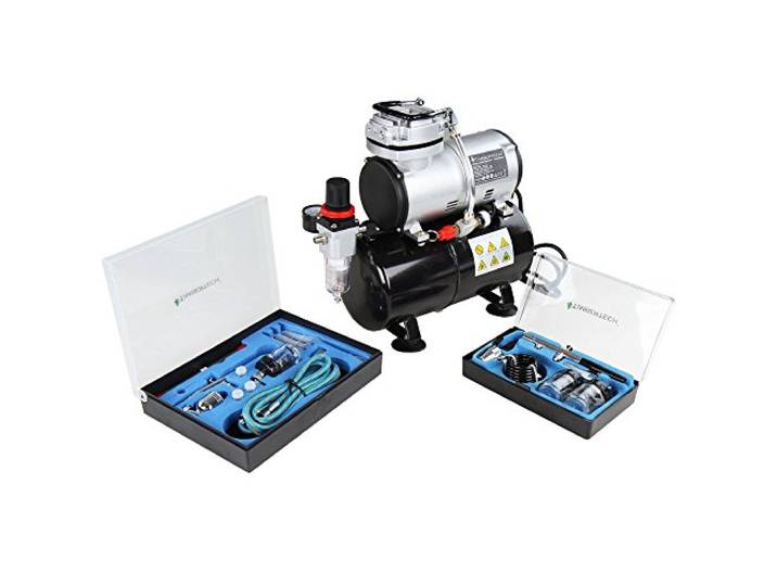 Timbertech Airbrush Kit met Compressor ABPST06 met krachtige 1/6 HP Airbrush Compressor met tank en 2 Airbrush Gun Kits voor Airbrush Schilderen Make-up Nail en Tattoo Studio's Hobby en ga zo maar