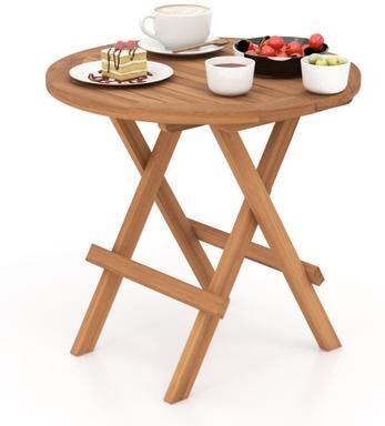 Costway Round Patio Folding Coffee Table Indonesia Teak Wood with Slatted Tabletop