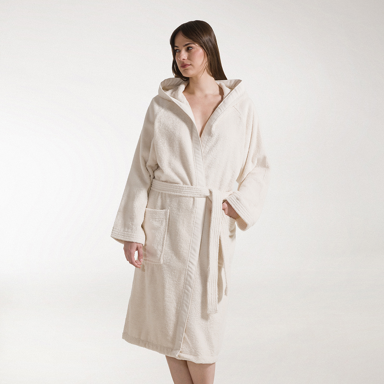 Accappatoio con Cappuccio in Cotone Soft L Spugnissima Tinta Unita Avorio Caleffi