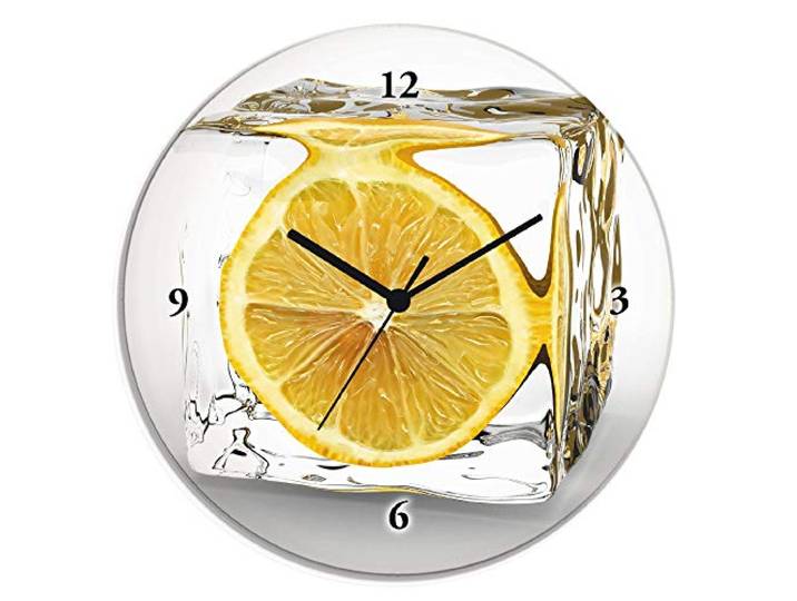 ARTLAND Wanddeko Wanduhr ohne Tickgeräusche Glas Quarzuhr Ø 30 cm Rund Lautlos Obst Früchte Zitrone im Eiswürfel Frucht Kreativ T5XT