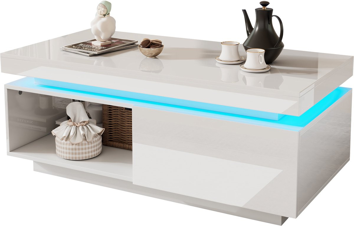 Rolipo Salontafel met LED-verlichting en lade met opbergruimte - Wit - B: 100 cm, D: 50 cm, H: 40,3 cm