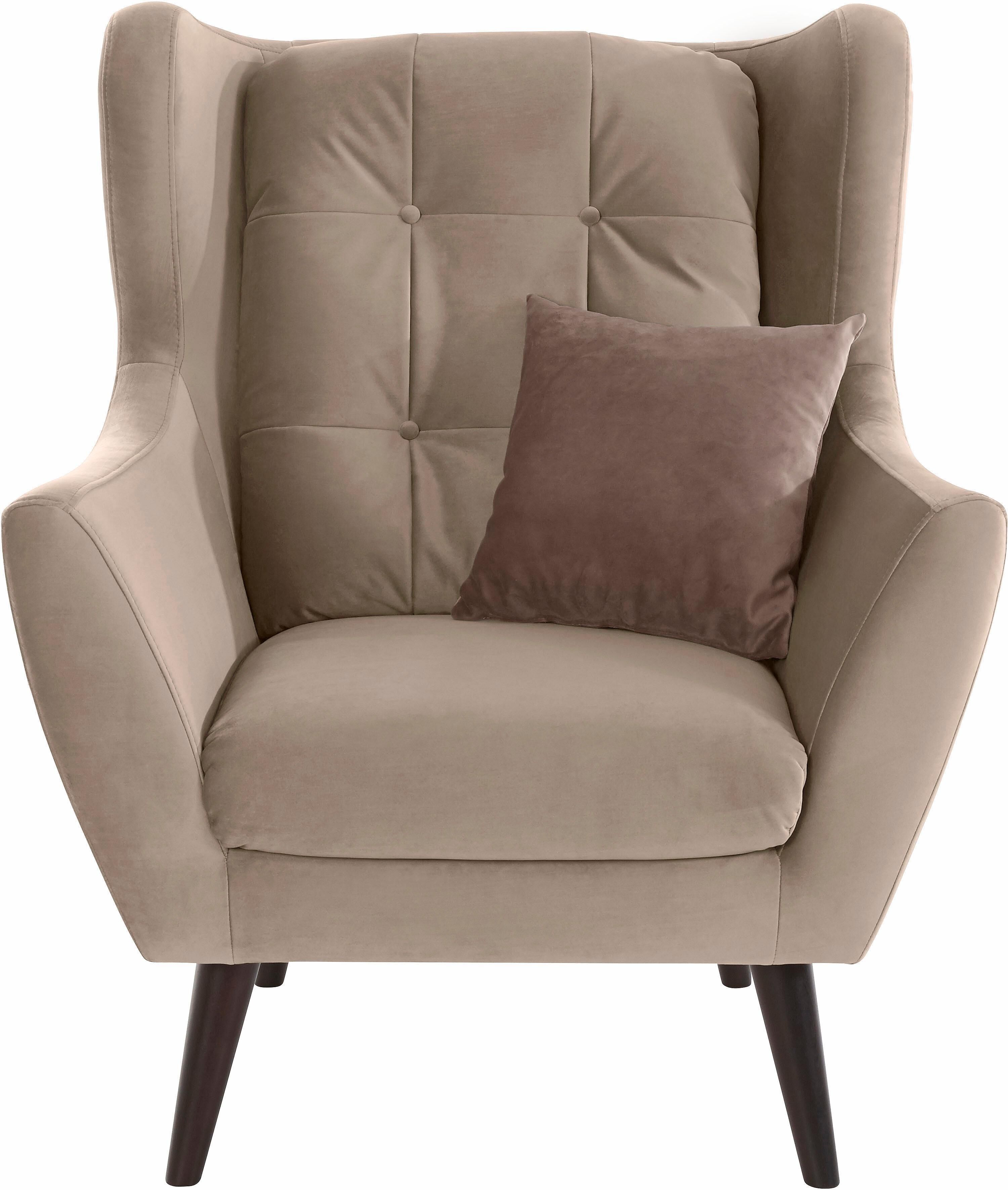 Ohrensessel HOME AFFAIRE "Hemmink, Sessel, Loungesessel", beige (beige, kakao), B:90cm H:107cm T:94cm, Struktur (94% Polyester, 6% Polyacryl);Samtvelours (100% Polyester);Luxus-Microfaser (100% Polyester), Sessel, Ohrensessel, mit Knopfheftung beige, kaka