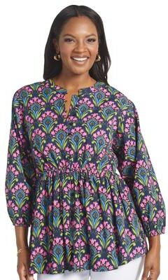 Masseys Tuscany Woven Tunic (Size Large) Navy/Multi Floral, Cotton