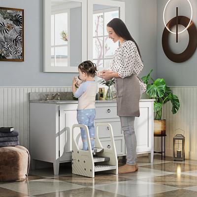 Qaba Toddler Tower, Adjustable 3 Step Kitchen Stool Helper with Handles, Non-slip Surface & Foot Pads, Gray