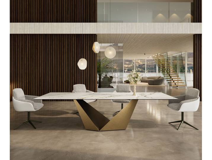 Esstisch Edge 300x100 Keramik Calacatta Luxe Weiß-Gold-Grau Prisma Metallic Gold, Esstische