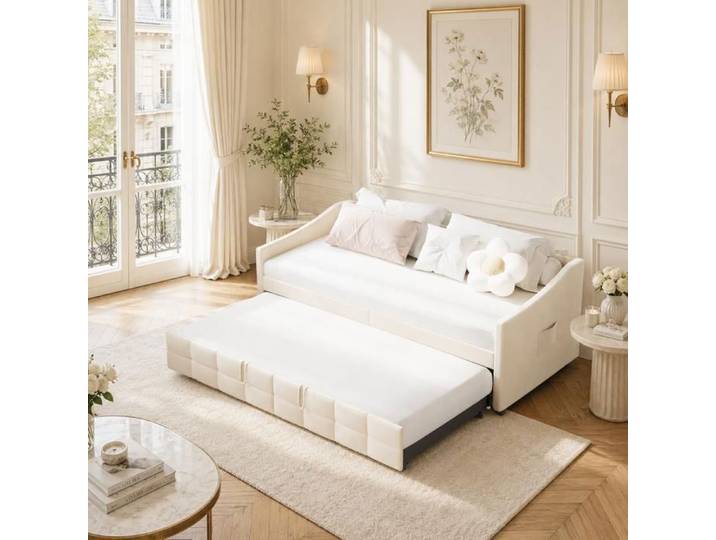 Canapé Lit Convertible 90 x 200 - Lit gigogne extensible 90 x 200 - Lit simple velours avec rangement - Beige - Salon/Chambre