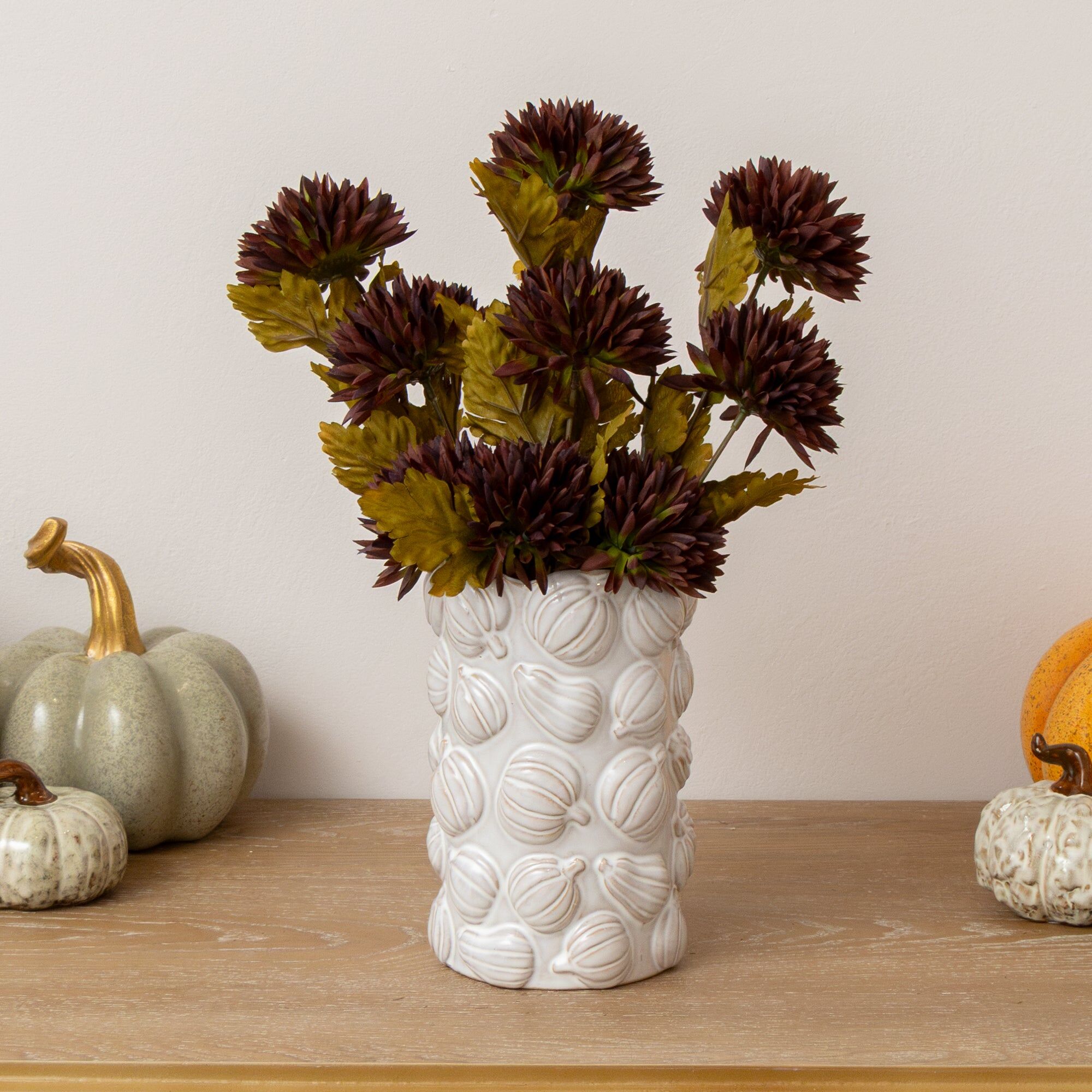 Large White Glazed Ceramic Pumpkin Flower Vase - 18cm Ceramic