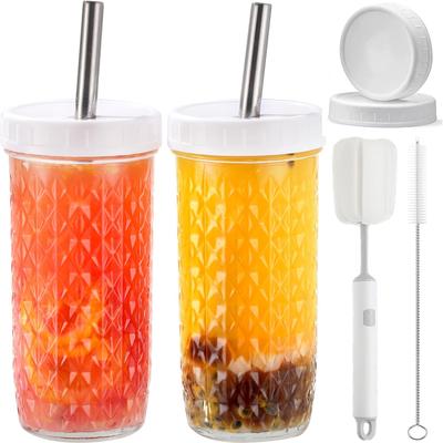 Inspire Daily Merch Reusable Boba Tea Cups, Glass Tumblers With Lids And Straws, Mason Jar Drinking Glasses For Iced Coffee 02 710ml