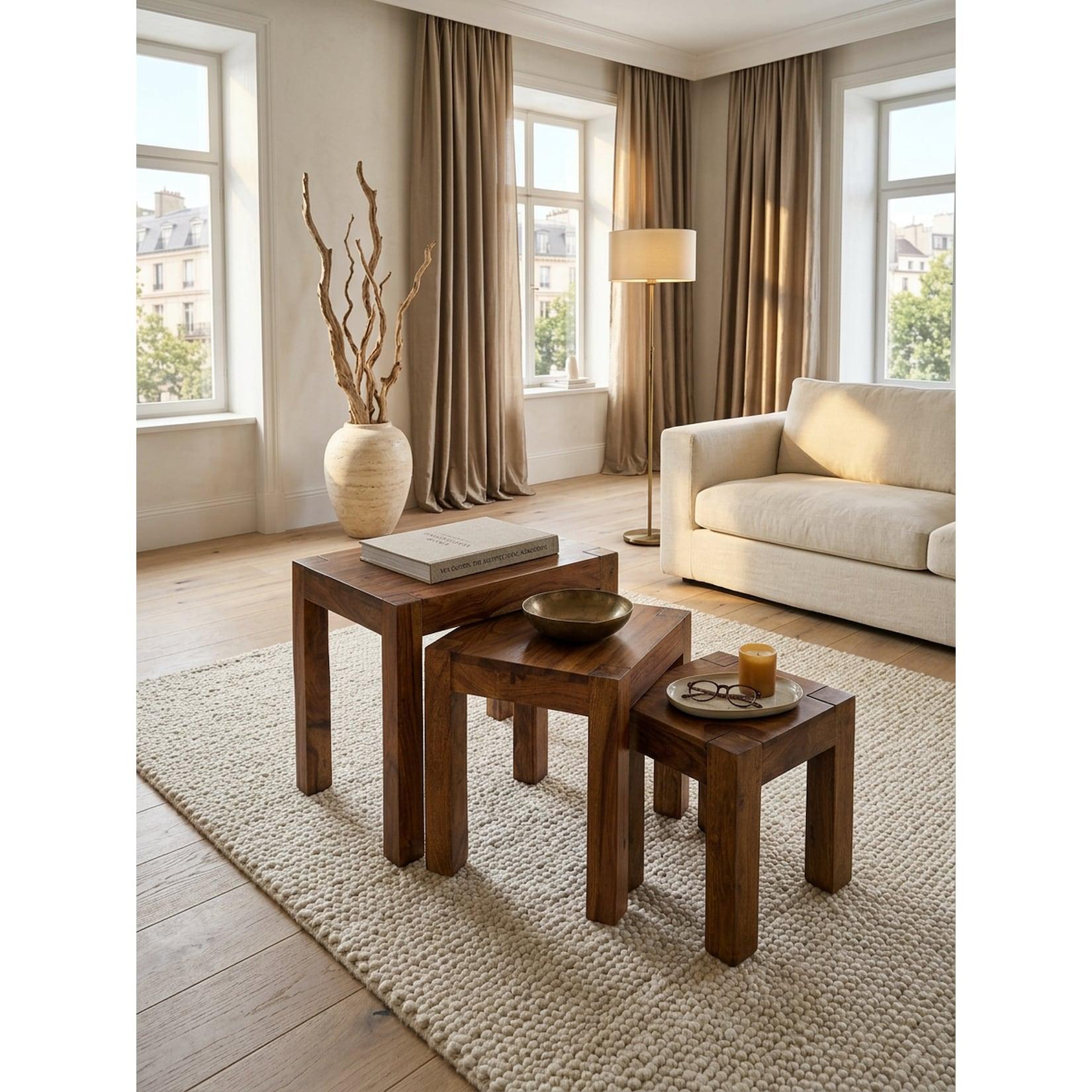 Beistelltisch 3er Set Massivholz Landhausstil MUMBAI, Dunkelbraun 45x35x50 cm