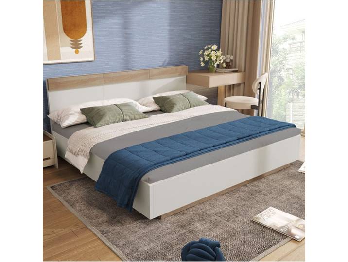 Lit double effet suspendu blanc et décor chêne avec tête de lit et sommier