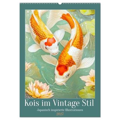 Kois im Vintage Stil - Japanisch inspirierte Illustrationen (Wandkalender 2027 DIN A2 hoch), CALVENDO Monatskalender