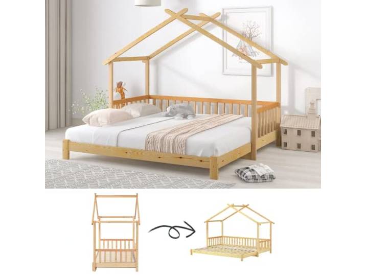 SOFTWEARY Ausziehbett, Kinderbett mit Lattenrost und ausziehbarer Liegefläche, 90x200 cm/180x200 cm, Holzbett aus Kieferholz, Hausbett, Jugendbett
