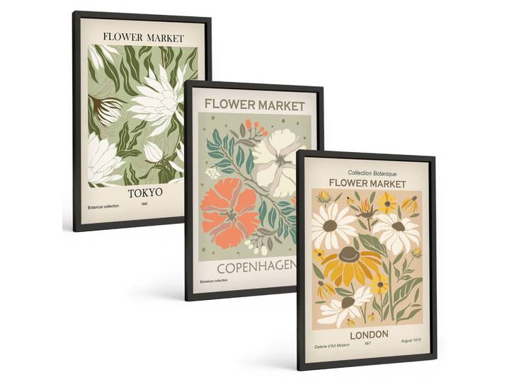 Tulup Bilder SET 3er Set - 40x60 cm Schwarzer Rahmen - Blumenmotive aus Städten auf der ganzen Welt, Kunststoff, Rechteckig, 40x60 cm, Fotografie, Bilder & Rahmen, Bilder