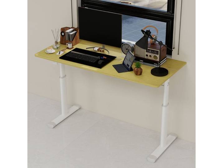 Bureau Droit à Manivelle Réglable en Hauteur Double Colonne pour Bureau et Étude Métal Bois Clair - UVRION