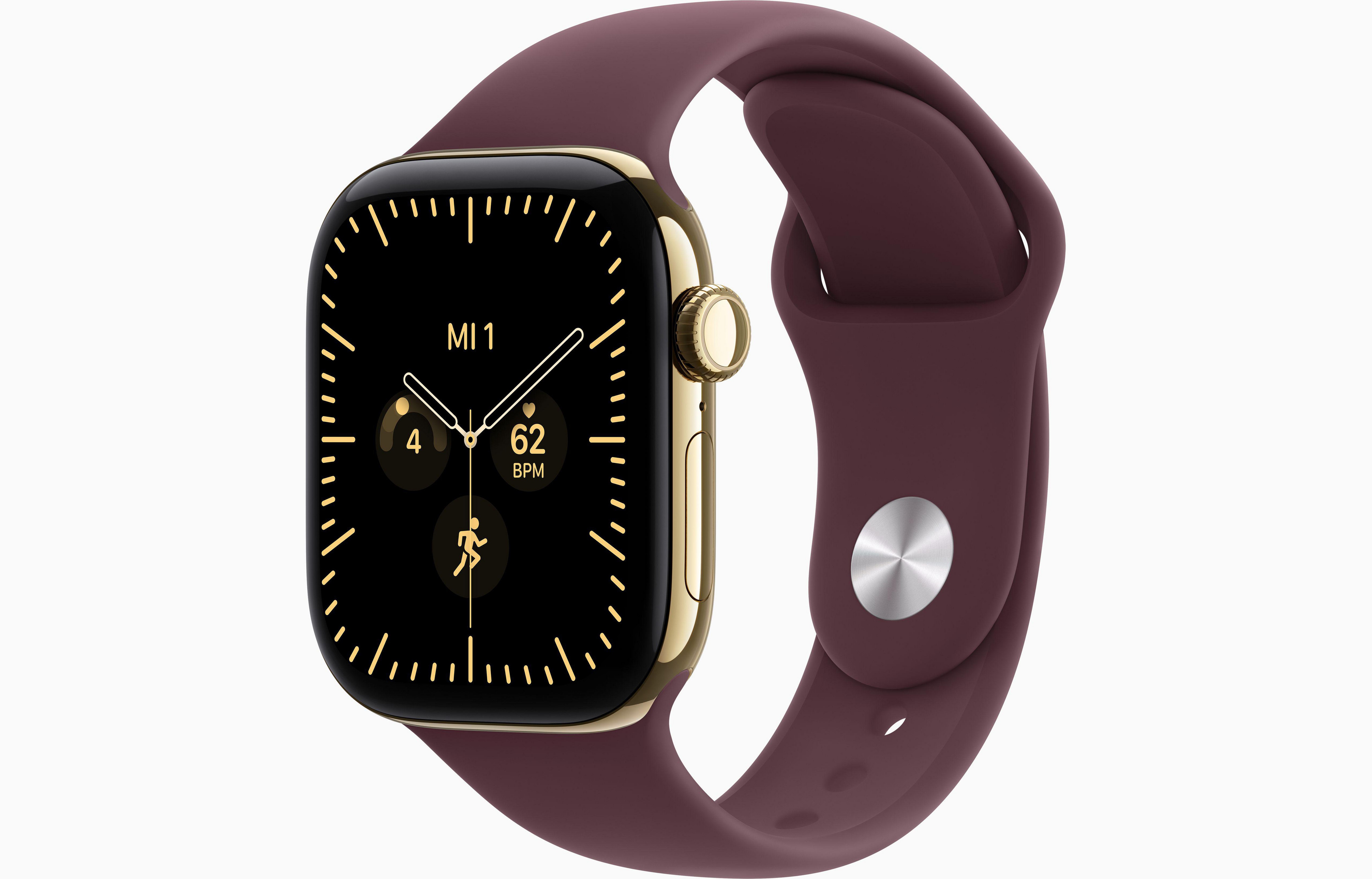Apple Watch Series 12 GPS + Cellular 42mm Radiant Gold Titanium Case with Burgundy Sport Band - M/L