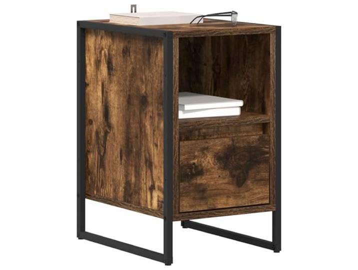 KTHLBRH Nachttisch mit Schublade, 2 Stück, Eiche Rauchgrau, 39,5 x 30 x 50 Mehrschichtiges Holz, Stahlrahmen, industrielles Design, für modernes Schlafzimmer