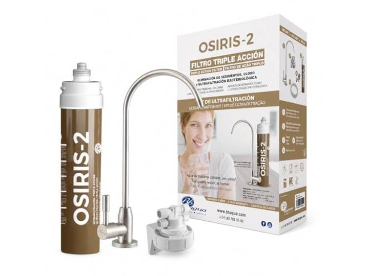 Dreifach-Unterbau-Wasserfilter mit Wasserhahn. Osiris-2. Reduziert Chlor, Geschmacks- und Geruchsstoffe aus dem Wasser. Beseitigt Sedimentation. Beseitigt Bakterien zu 99,99%. Bbagua.