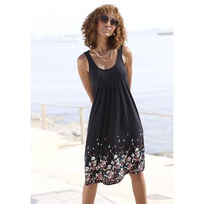 Strandkleid BEACHTIME BY LASCANA "mit Blumenprint am Saum, lockeres Hängerchenkleid mit Zierfalten", Damen, Gr. 48, N-Gr, schwarz, Jersey, Obermaterial: 100% Viskose, bedruckt, figurumspielend kniefrei, Rundhals, Kleider Strandkleid, Leichtes...