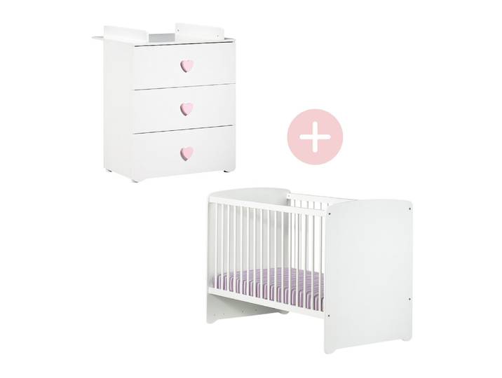 Pack duo bébé avec lit 120x60cm et commode à langer - BASIC - Blanc / Rose - BABYPRICE