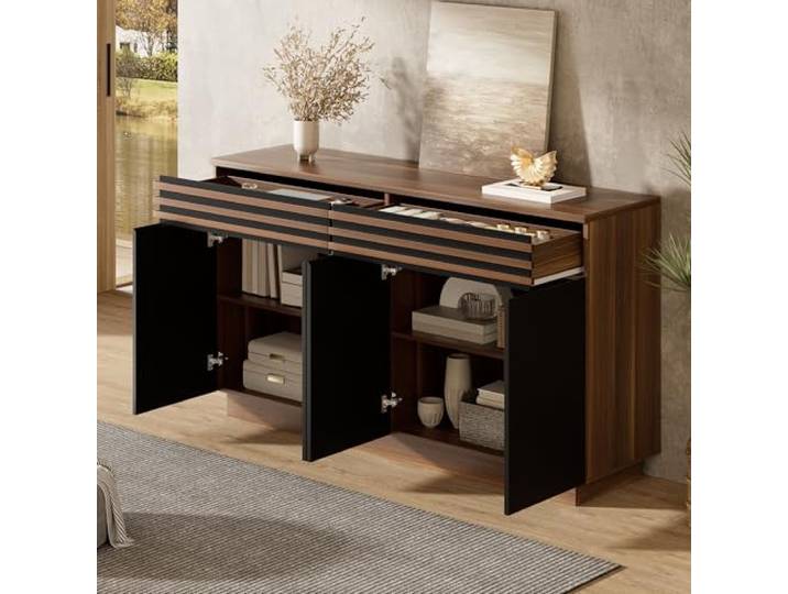 YAIXBNG Modernes Sideboard 150 x 40 x 85 cm in brauner Holzoptik mit schwarzen Türen, 2 Schubladen & 4 Türen – Viel Stauraum, stilvolles Design für Wohnzimmer, Esszimmer & Küche
