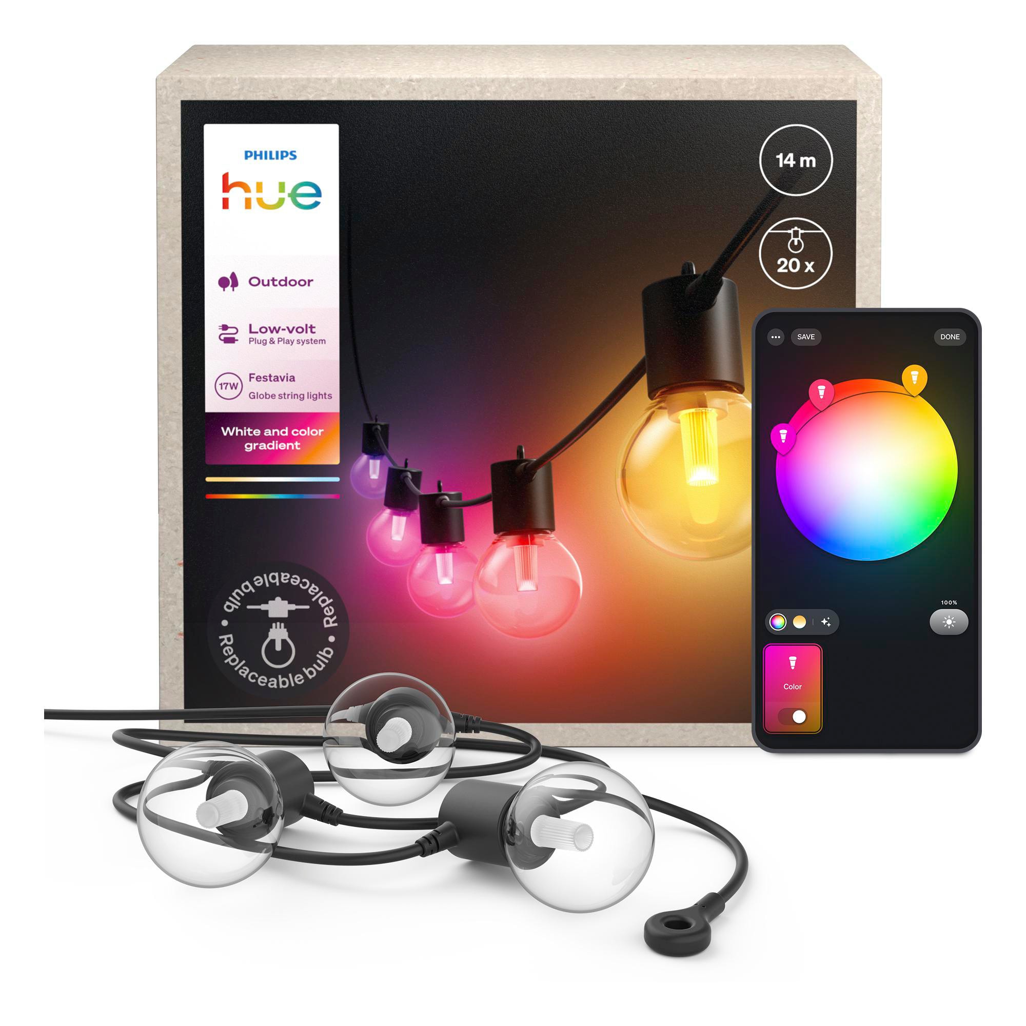 Philips Hue Festavia Globe Außenlichterkette, White and Color Ambiance, 14 m Länge, 20 Lampenkugeln, dimmbar, Steuerung per Hue App 8720169371538