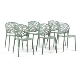 RATTATAN Set mit 6 stapelbaren Outdoor-Stühlen aus Polypropylen mit Glasfaser durchbrochene Rückenlehne Naturmotiv für Garten Bar Restaurant Leda - Grün