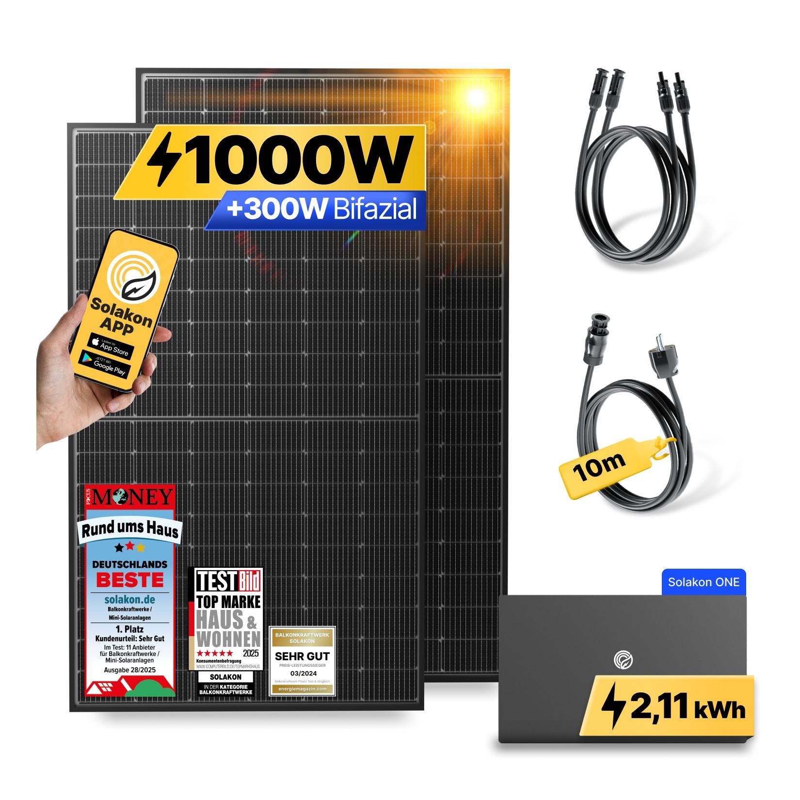 Balkonkraftwerk 1000W/800W Solaranlage mit Solakon ONE Speicher Steckerfertig WIFI Komplettset Photovoltaik Anlage 800W, Kabellänge: 10m