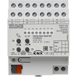 Jung Schaltaktor FCA 2 REGHE, für Klimageräte und Heizung, 2 Kanäle, bis 10 Ampere, für Hutschiene, KNX