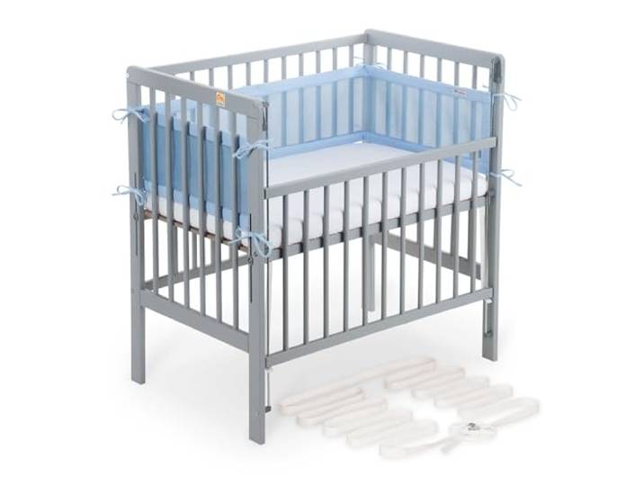 FabiMax Boxspring Baby Beistellbett Flex 90x55, aus Buchenholz grau lackiert, mit innovativem verstellbarem Seitengitter, passend für Boxspringbetten (Matratze Classic, Blau)
