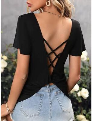 Universal Stock Women's Backless Top V Neck T Shirt With Crisscross Back Twist Hem m