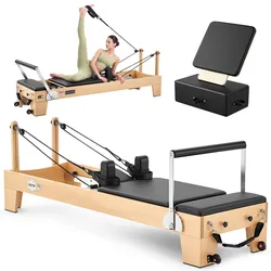 VEVOR Pilates Reformer Gerät 214 cm aus Ahornholz 181 kg Belastbarkeit für Heim-Fitnessstudios, Leises Gleiten, Verstellbare Kopfstütze, mit Pilates-Box, Jumpboard, Fußplattform und Fußschlaufen