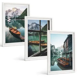BILDER SET 3er Set - 40x60 cm Weißer Rahmen - Bootshaus am Bergsee