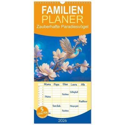 Familienplaner 2026 - Zauberhafte Paradiesvögel mit 5 Spalten (Wandkalender, 21 x 45 cm) CALVENDO