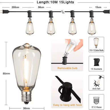 Inspire Curations ST38 Outdoor LED String Lights With Shatterproof Dimmable Bulbs 10m 15sockets 1w Bulb eu Plug