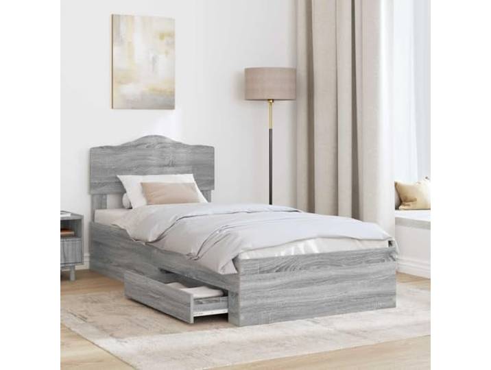 KTHLBRH Bettgestell Grau Sonoma 90 x 190 cm Holz mehrschichtig Mit Schubladen, Kopfteil inklusive, Lattenrost, einfach zu montieren