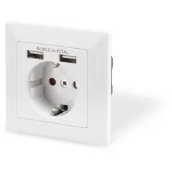 DIGITUS Schutzkontakt Steckdose, 2x USB, USB Ges. Leistung 5V 2.1A, Eingang: AC 250V 50Hz, RAL 9003
