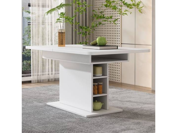 Table à Manger Extensible avec Rangement Table de Salle à Manger Multifonction avec Étagères Blanc