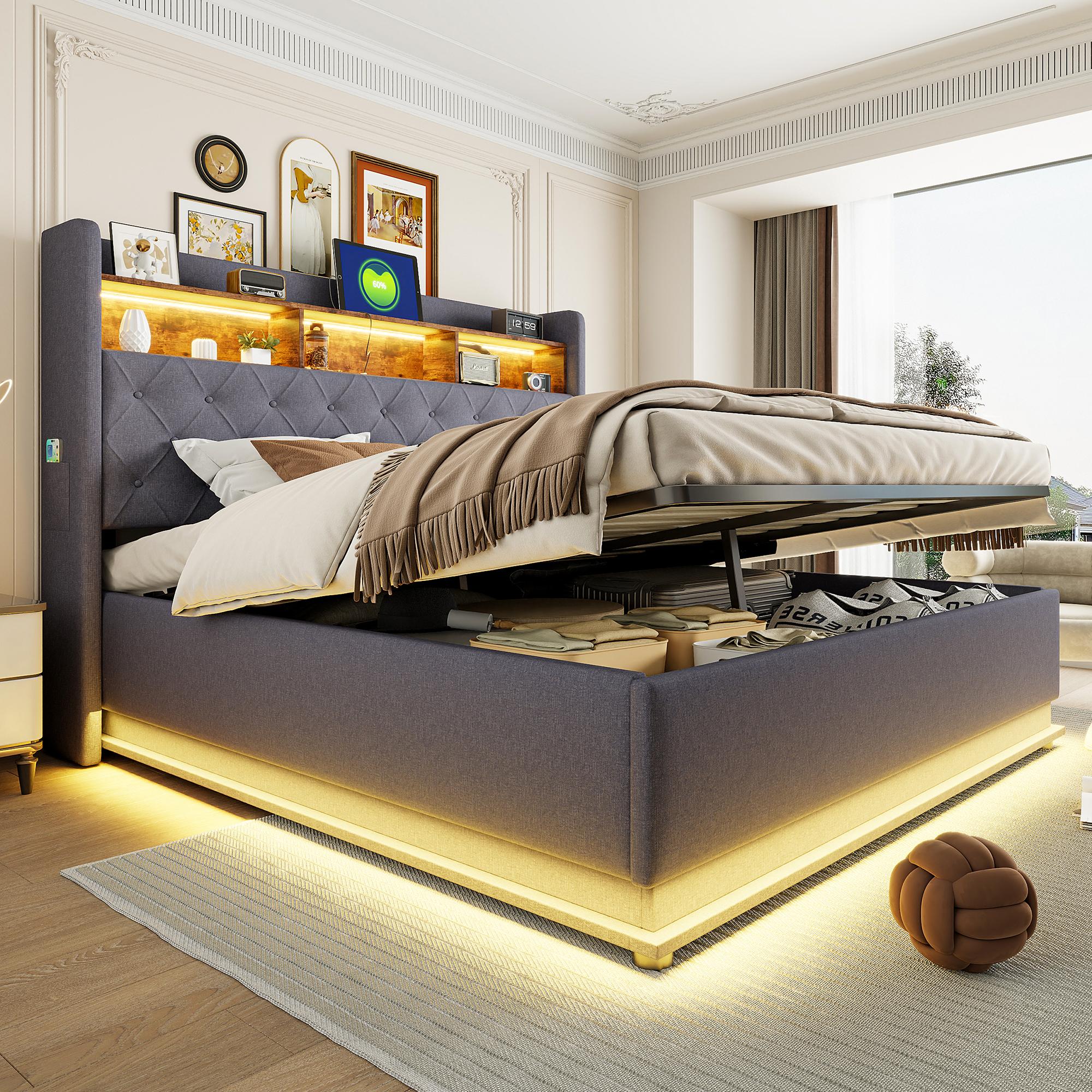 Gepolstertes LED-Bett 180×200cm (grau, weiches Leinen): Stauraum, USB, hydraulischer Stauraum.