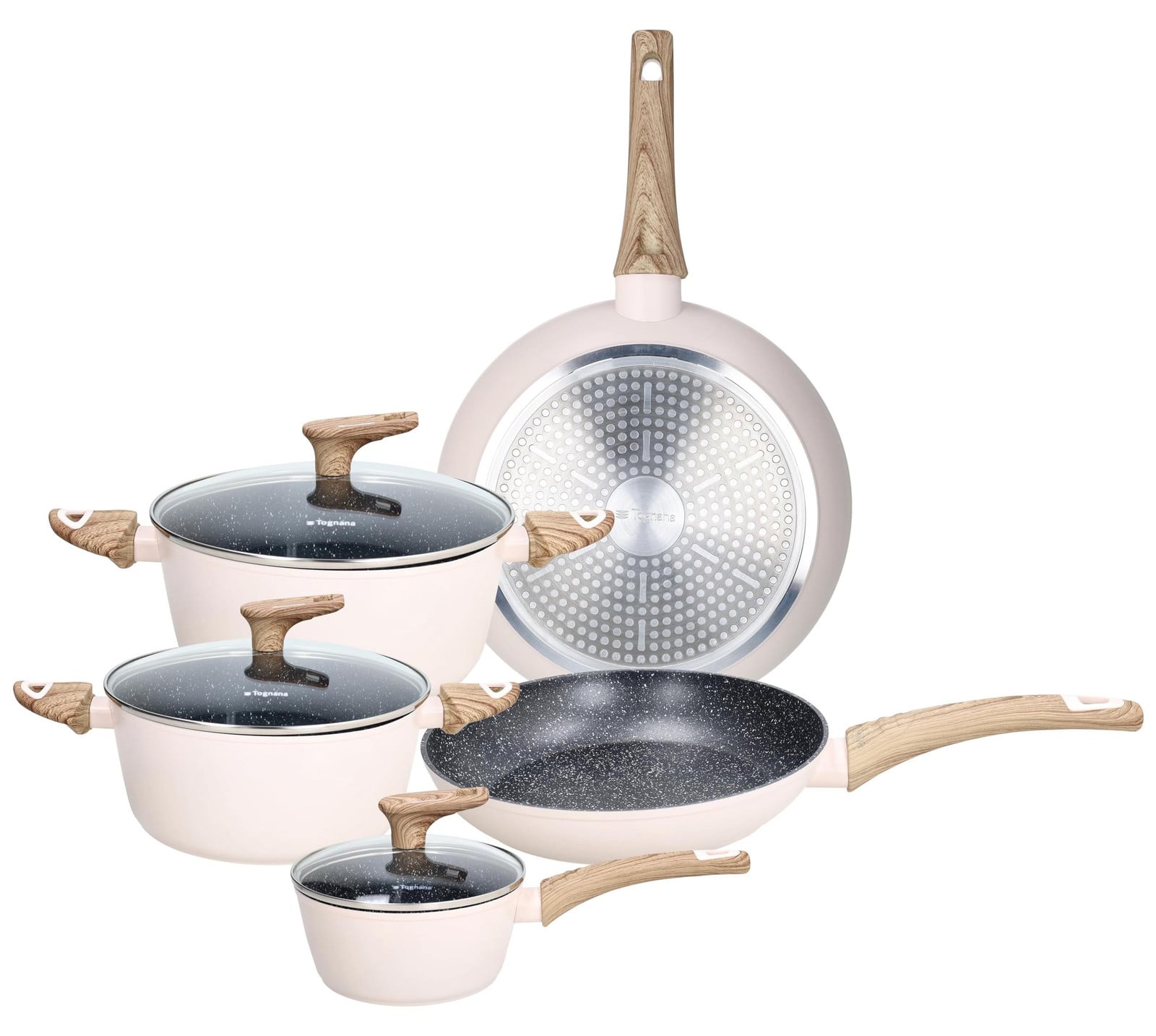 Dripio 8-delige aluminium pannenset met antiaanbaklaag, beige