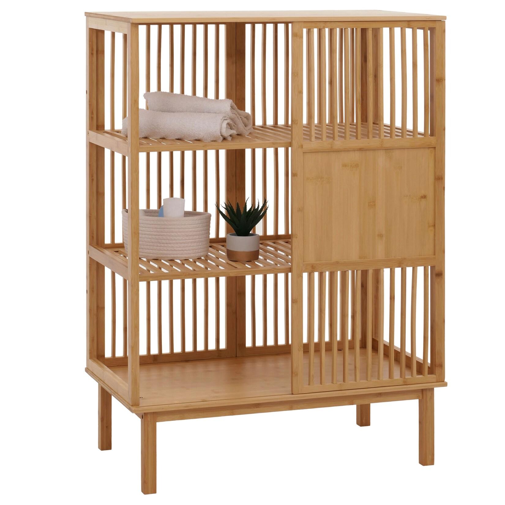 Bambus Standregal MCW-N81, Badezimmerschrank Badschrank Badregal Kommode, 3 Regalböden Schiebetür MVG 115x80x45cm