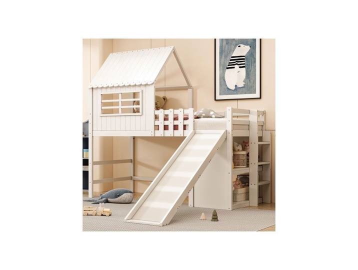 Lit mezzanine enfant - SOGEU - LIT COMBINE-55 - 90x200 cm - Bois massif - Toboggan sécurisé & rangements intégrés