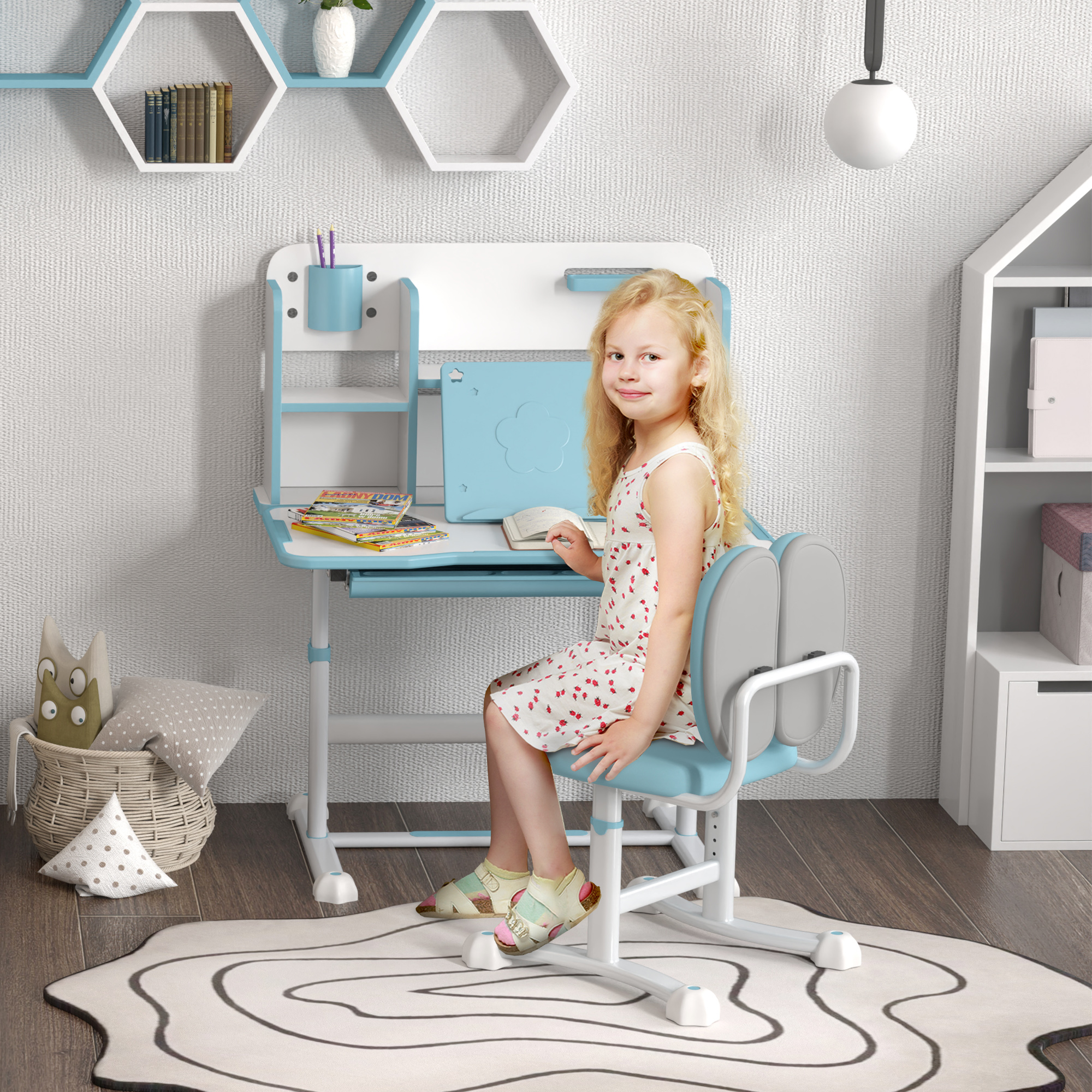Aiyaplay Set Scrivania e Sedia Regolabili per Bambini con Piano Inclinabile e Cassetto Scaffale Ergonomico Blu per Studio e Gioco  Aosom
