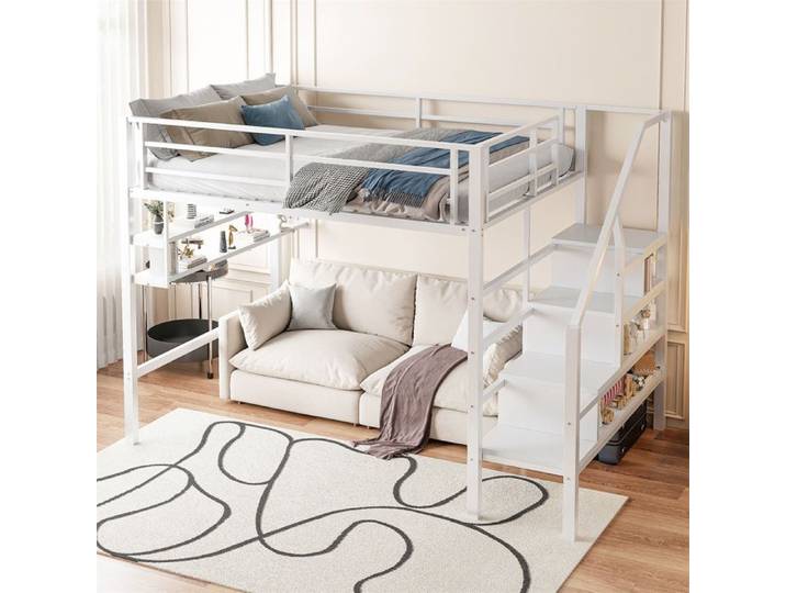 Lit Mezzanine 2 Places avec Escalier de Rangement Lit Mezzanine 140x200 pour Enfant Adulte Lit en Hauteur étagère Barreaux Blanc
