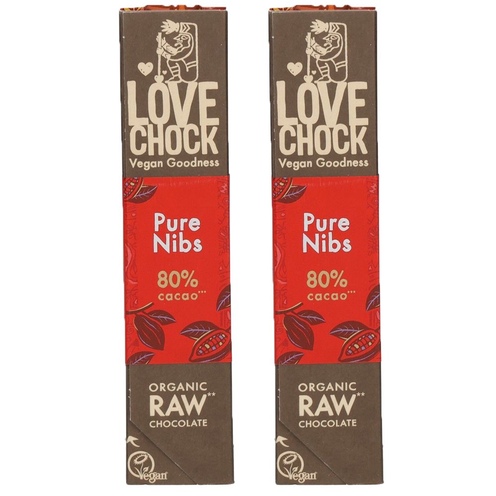 Lovechock Bio rohe Schokolade Bars, Pur-Kakaonibs 2x40 g