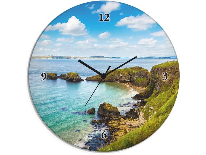 Wanduhr ARTLAND Glasuhr rund Küstenweg in Carrick-a-Rede , grün, B:30cm H:30cm T:1,8cm, Wanduhren, Wanduhr, wahlweise mit Quarz- oder Funkuhrwerk, lautlos ohne Tickgeräusche