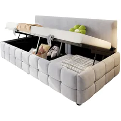 MODFU Polsterbett Schlafsofa 90x200 cm, mit Hydraulischem Stauraum, Rückenlehne ohne Armlehnen, klassisches Karomuster, Samtstoff Hellgrau
