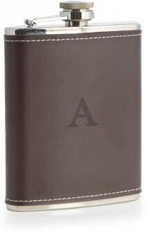 Bey Berk Single Initial Stainless Steel Brown Leather Flask 6 oz.