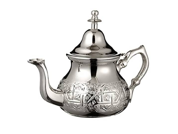 Marokkanische Teekanne, Silber, Maillechort, groß, 800 ml, bis zu 6 Gläser Authentische Teekanne mit Gravur, integrierter 7-Loch-Filter, Handschuh mit Griff