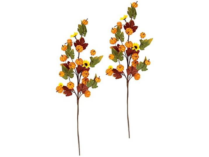 Künstlicher Herbstzweig mit Sonnenblumen Kürbissen und Herbstlaub Herbstliche Blumen Herbst Deko Herbstdeko Kunstblume Herbstblume Seidenblume Plastikblumen Zweige für Vase Halloween Girlande